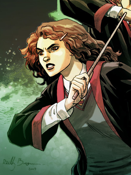 Fan art of Hermione Granger, from Harry Potter holding her wand and leaning forward