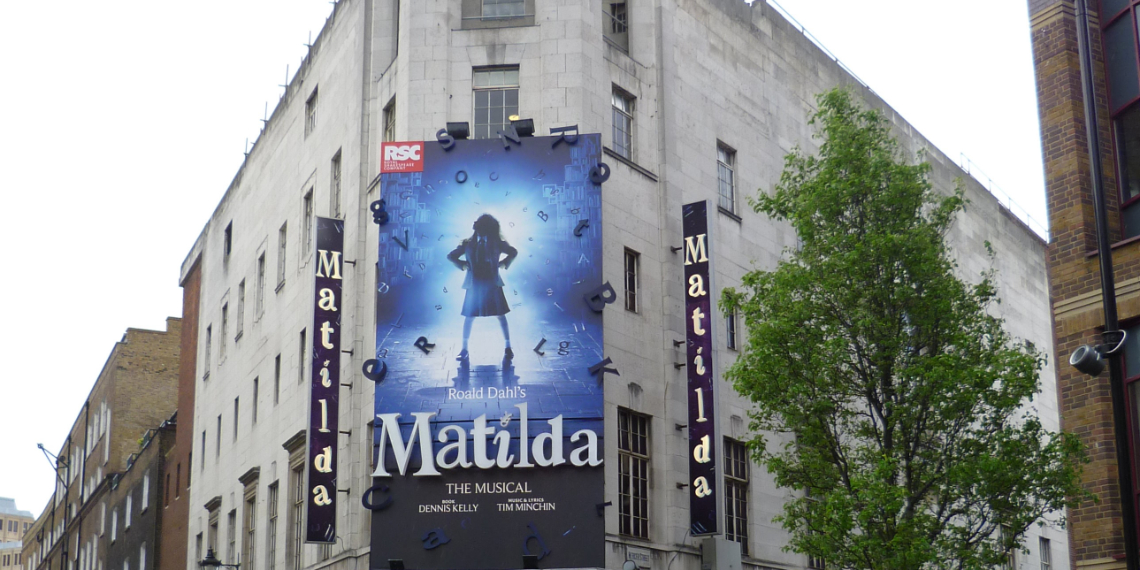 Poster of Matilda Musical over Cambridge Theatre in London