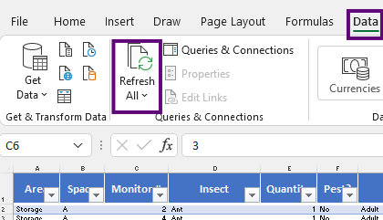 Data refresh button in Excel